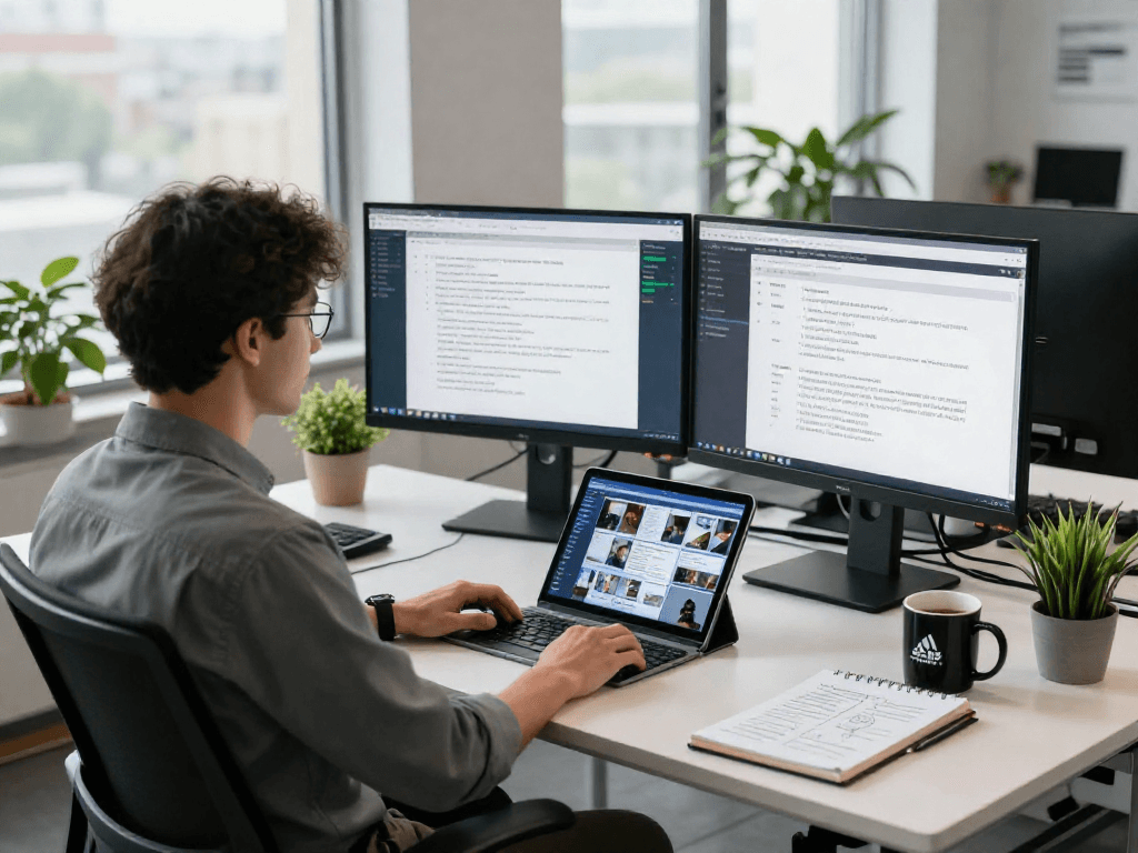 Detect AI image moderation processes in a modern workspace with real-time analytics and professional setup.