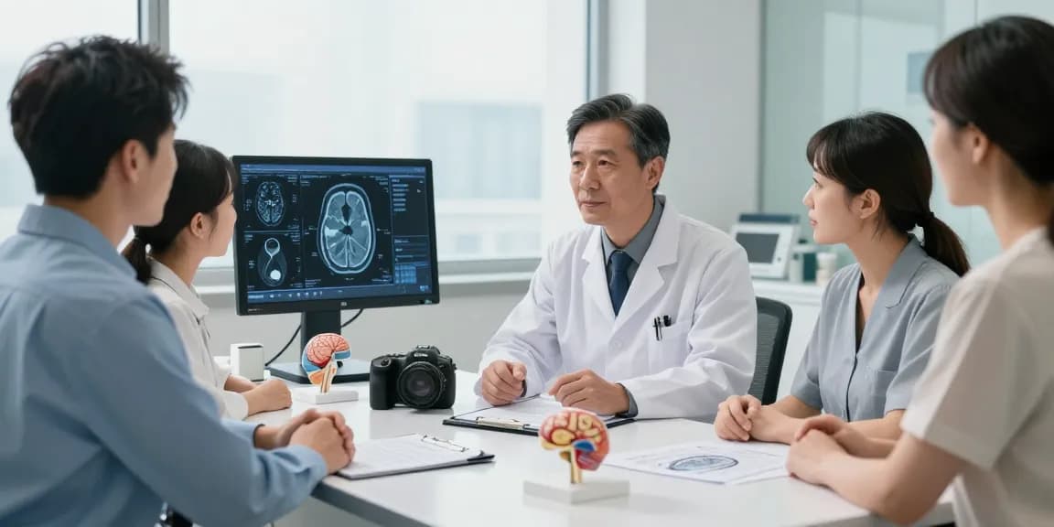 Beyin tümörü ameliyatı consultation with neurosurgeon explaining treatment options, showcasing patient support and empathy.
