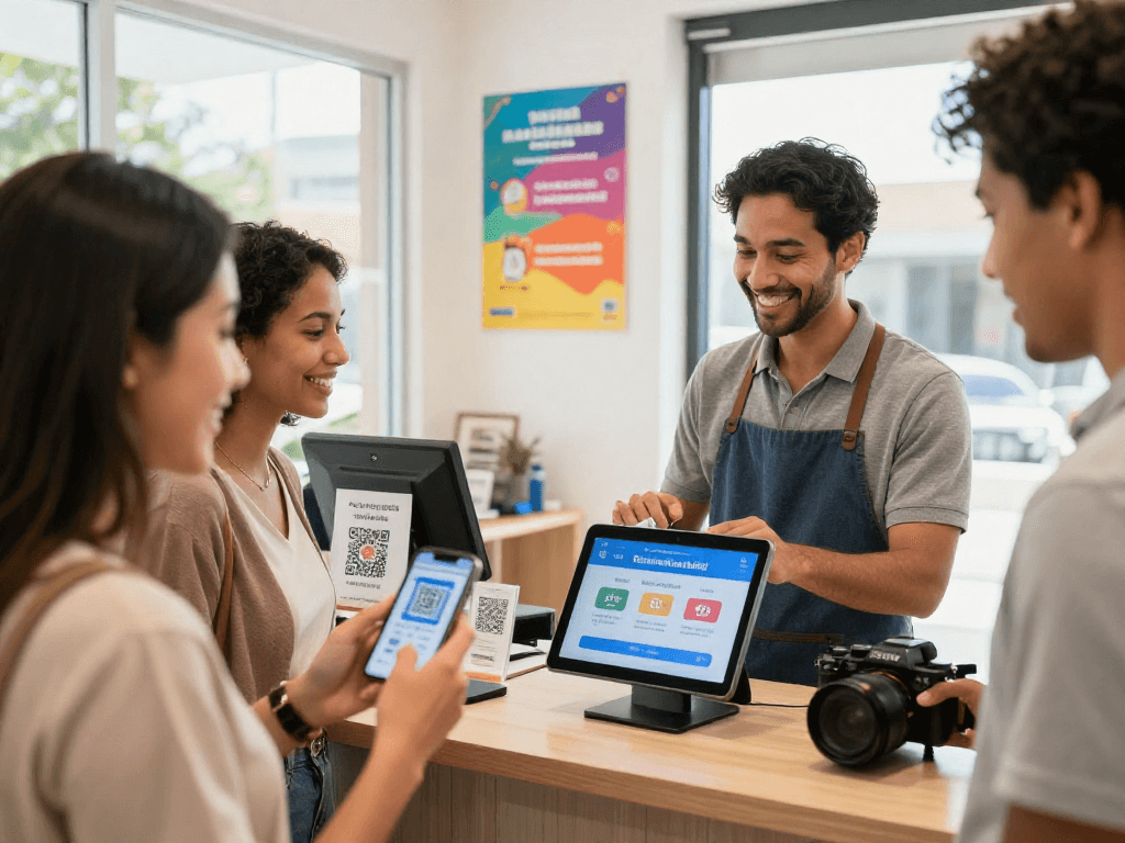 Engaging small business loyalty program scene showcasing customer interactions with QR codes and rewards.