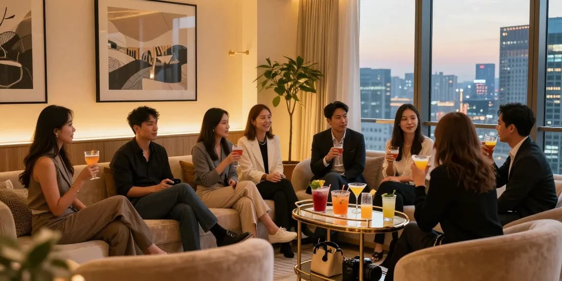 강남 멀리건에서 즐거운 대화와 음료를 나누는 현대적인 분위기의 사람들